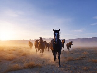 Herd of wild horses galloping across a dusty landscape at sunset
