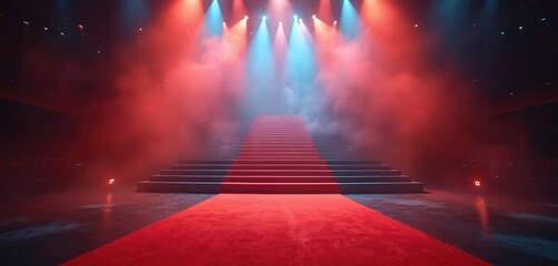 Naklejka premium Red carpet stairs lead up into dramatic red and blue stage lights and mist. Empty venue awaits guests for a special night event. Celebration or award show begins.