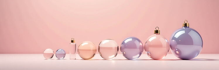 delicate arrangement intricately designed glass baubles pastel hues soft pink backdrop carefully composed minimalist