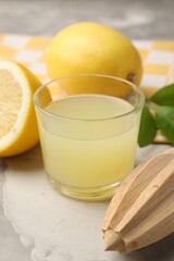 Fototapeta premium Lemon juice in glass, squeezer, leaves and fresh lemons on light grey table, closeup