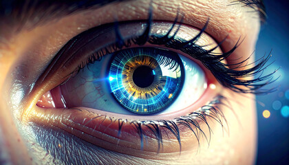 Fototapeta premium Vibrant Gaze of Tomorrow: A stunning close-up unveils a captivating eye, its iris a mesmerizing blend of futuristic design, as if peering into the future with boundless vision.