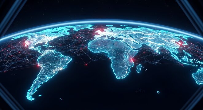 Futuristic World Map with Glowing Outlines and Red Highlights. - Powered by Adobe