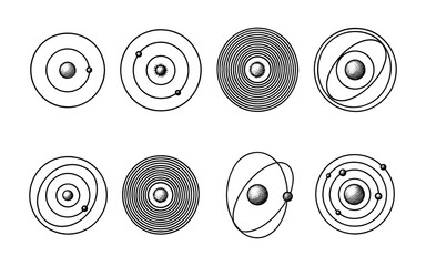 Atom model diagrams set in linear style with orbitals and electrons