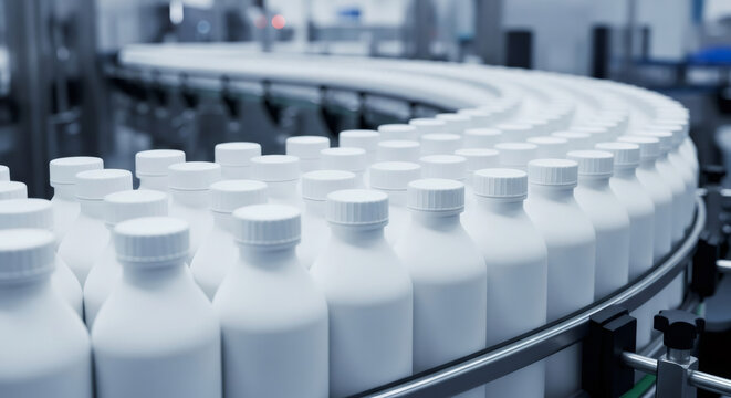 Rows of white plastic bottles moving along a conveyor belt in a modern factory production line.