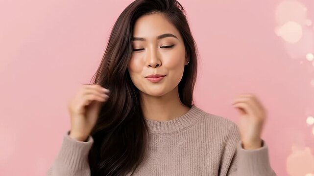 A radiant young adult woman with flowing dark hair and a warm smile expresses affection and gratitude, first forming a heart shape with her hands and then transitioning to a charming finger heart gest