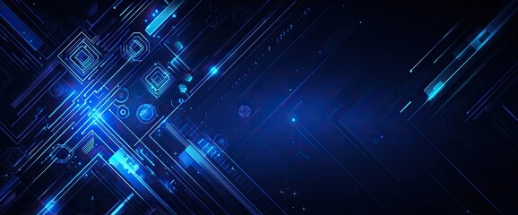 A dark, abstract background featuring glowing blue geometric shapes and interconnected lines, dots