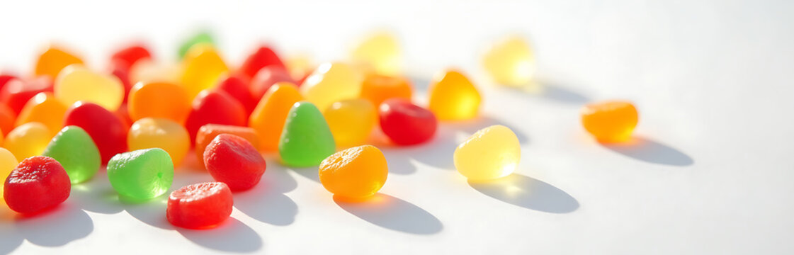 colorful medley gummy sweets spills across vibrant white surface dynamic flat lay composition soft natural light gentle
