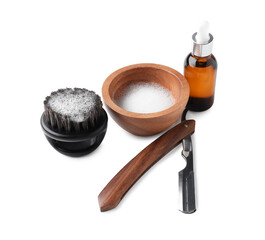 Different barber's tools and cosmetic products isolated on white