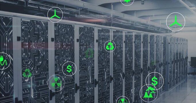 Initial icons appearing, green symbols drifting up-right over server racks, showing energy flow