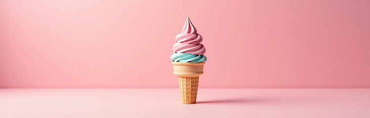 colorful ice cream cone stands prominently soft pastel pink surface bathed warm natural light subtle shadows highlighting