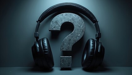 Black headphones rest on large, textured question mark. Dark composition suggests mystery about audio, sound, tech issues. Prompts thinking about communication, seeking answers, knowledge in modern