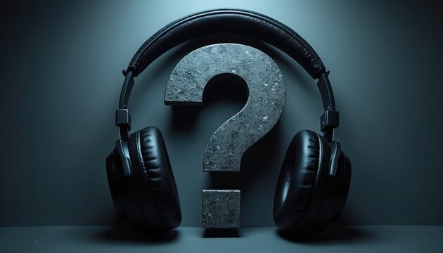 Black headphones rest on large, textured question mark. Dark composition suggests mystery about audio, sound, tech issues. Prompts thinking about communication, seeking answers, knowledge in modern