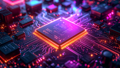 Technological Core: A vibrant, close-up view of a central processing unit (CPU) chip, radiating intricate details of its electronic components.