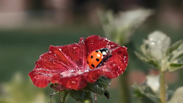Macro shot of a ladybug on a wet red flower petal, glistening with dew