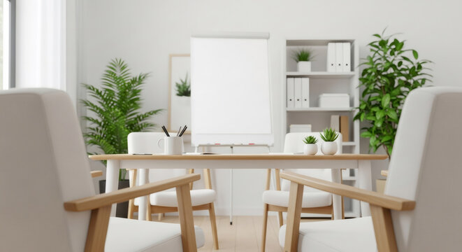 Bright and modern office meeting room with chairs and whiteboard, ready for collaboration.