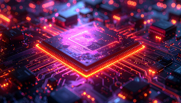 Circuitry Core: A close-up view unveils an intricately designed computer chip, pulsing with a vibrant neon glow, symbolizing the complex heart of modern technology.