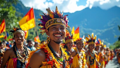 Hornbill Festival Parade: Close-up Portrait of a Cheerful Naga Man in Colorful Tribal Costume and Headdress.