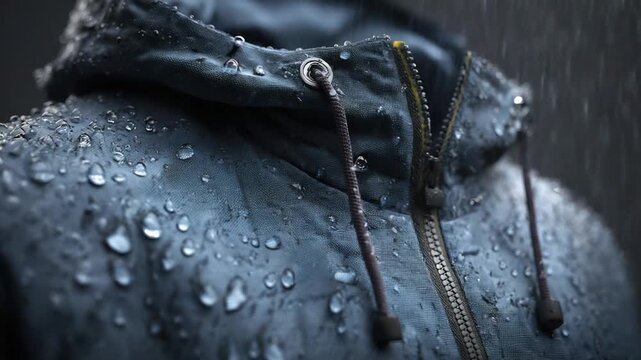 Close-up of a water-resistant jacket in the rain