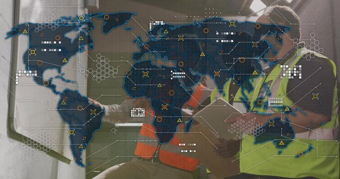 Construction team pointing at plan as world map overlay appearing linking local site to world data