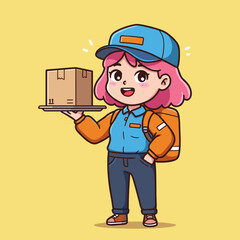 Cheerful delivery girl cartoon mascot with pink hair holds a package on a tray on a yellow background.