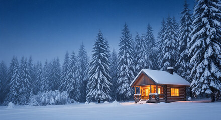 Enchanting winter cabin illuminated by golden light amidst a serene, snow-laden forest landscape