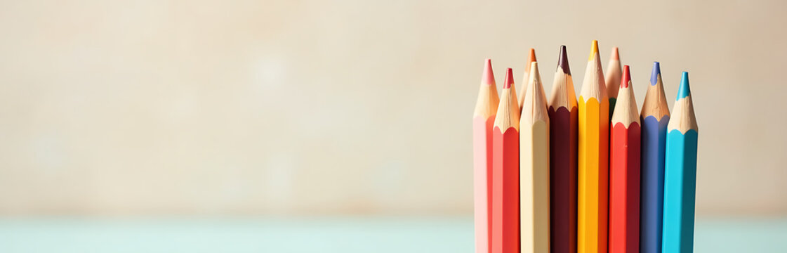 cluster colored school pencils stand neatly arranged soft background warm natural light subtle