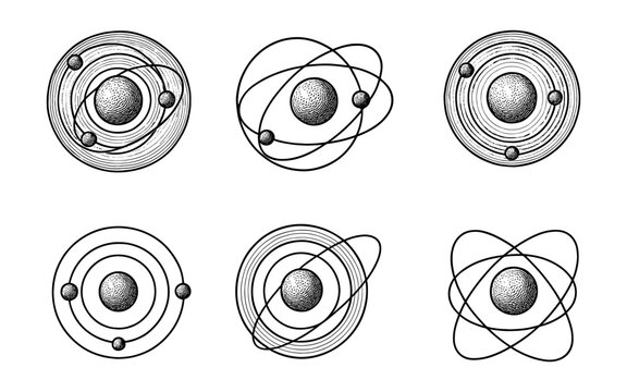 Intricate atomic structures with orbiting electrons in monochrome style