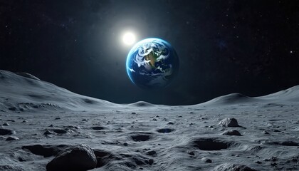 Earth hangs in dark space above barren moon surface. Sun shines brightly next to blue planet. Cratered lunar landscape with rocks under starry cosmic sky. Home world looks fragile, inviting awe.