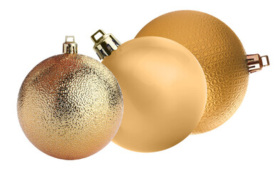 trio of festive gold christmas ornaments or baubles featuring different metallic textures, including matte, shiny, and distressed glitter finish isolated on black.