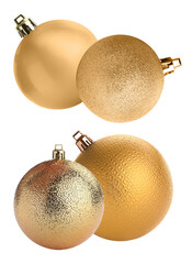 collection of four vibrant gold christmas ornaments or baubles showcasing distinct surface textures, including smooth, glittered, and embossed patterns isolated on black.