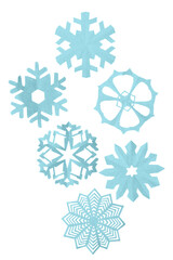 a photograph showcasing a collection of six intricate, light blue paper cut snowflakes isolated against a deep transparent background, ideal for winter and holiday design.