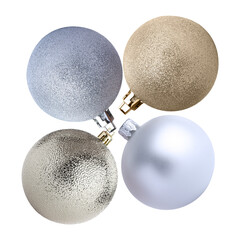 a photograph of four elegant metallic christmas ornaments featuring textured, glitter, and matte finishes in silver and gold, isolated on black.