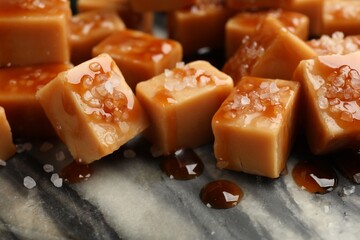 Tasty candies with salt and caramel sauce on dark marble table, closeup