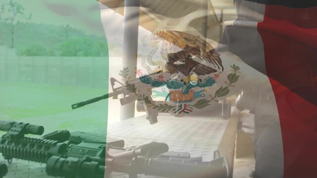 Man approaching firing bench and handling rifle in training range while Mexican flag overlay waving