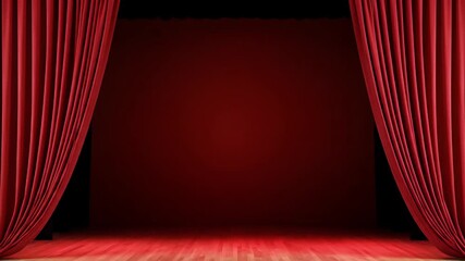 A rich, vibrant crimson red velvet curtain gracefully parts and slowly opens to reveal an empty, dimly lit stage with a polished wooden floor and a dark red backdrop. The gradual reveal evokes a sense