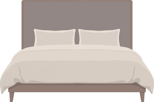 Modern bedroom bed furniture vector illustration with a comfortable mattress pillows and neutral bedding