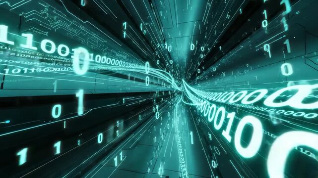 Futuristic digital stream of binary code flowing through a cybernetic tunnel