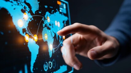 Hand interacting with a digital world map displaying global connections - Powered by Adobe