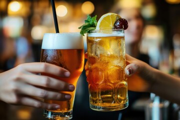 A lively gathering of friends enjoying a refreshing drink at a cozy pub, with a warm and inviting atmosphere.