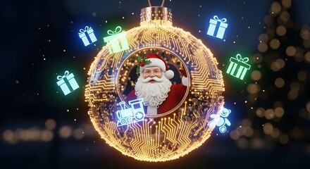 Digital Santa Claus in Holographic Ornament with Neon Gifts Modern Festive Concept Technological Holiday Greeting Card Futuristic Santa Clause Delivering Presents via Technology