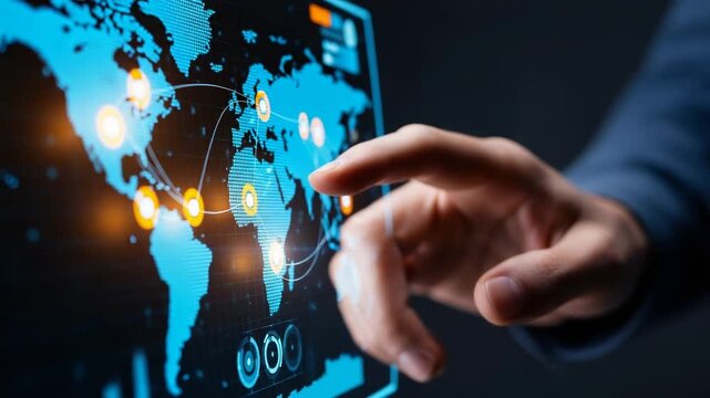 Hand interacting with a digital world map displaying global connections - Powered by Adobe