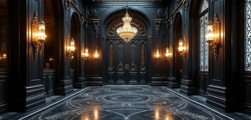 Luxury entrance hall with black wooden doorway, marble floor. Large chandelier hangs from ceiling. Ornate wall sconces light hallway. Intricate patterns on floor, walls. Gothic style decor in mansion