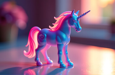 shot stylized unicorn figurine bathed soft warm light vibrant bold colors seem shift