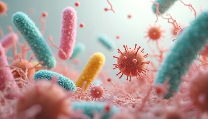 Microscopic view of diverse colorful bacteria, virus organisms. Float, attach to organic material. Image shows microbial life, health, disease concepts in human body. Good, bad microbes exist