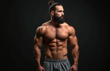 Fototapeta premium Strong muscular man with beard, man bun poses in studio. Bodybuilder shows defined abs, chest, arms on dark background. Fit male model demonstrates physical strength, healthy lifestyle, peak
