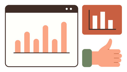 Bar charts representing data growth on a browser and board, next to a hand giving a thumbs-up. Ideal for business growth, analytics, performance tracking, success, decision-making, reporting, simple
