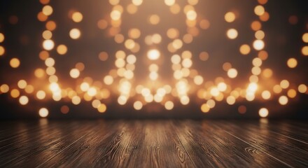 Photo of a closeup view of a rustic wooden surface with a blurred background of warm, golden bokeh lights, creating an inviting and atmospheric setting