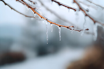 Winter icicles hanging from tree branches after freezing rain storm cold weather nature photography image