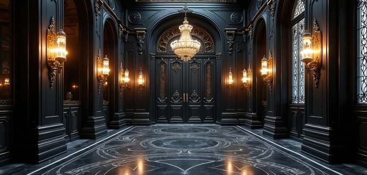 Luxury entrance hall with black wooden doorway, marble floor. Large chandelier hangs from ceiling. Ornate wall sconces light hallway. Intricate patterns on floor, walls. Gothic style decor in mansion - Powered by Adobe