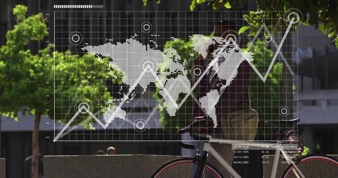 Man guiding white bike in plaza as business HUD appearing, overlaying and animating map and graph